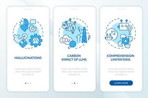 Large language models issues onboarding mobile app screen. Walkthrough 3 steps editable graphic instructions with linear concepts. UI, UX, GUI template vector