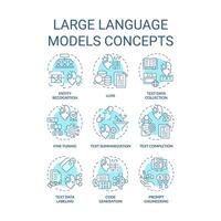 Large language models soft blue concept icons. Virtual assistance, machine learning. Artificial intelligence, data management. Icon pack. Vector images. Round shape illustrations. Abstract idea