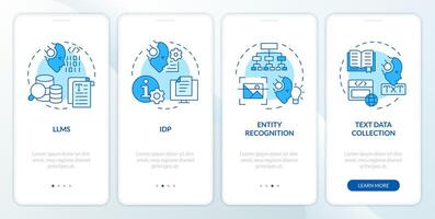 AI text processing blue onboarding mobile app screen. Walkthrough 4 steps editable graphic instructions with linear concepts. UI, UX, GUI template vector