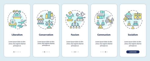 político ideologias inducción móvil aplicación pantalla. recorrido 5 5 pasos editable gráfico instrucciones con lineal conceptos. ui, ux, gui modelo vector