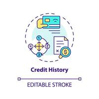 crédito historia multi color concepto icono. crédito tarjeta cuentas información, préstamos, reembolso registros. redondo forma línea ilustración. resumen idea. gráfico diseño. fácil a utilizar en márketing vector