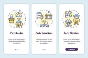 Political party structure onboarding mobile app screen. Walkthrough 3 steps editable graphic instructions with linear concepts. UI, UX, GUI template vector