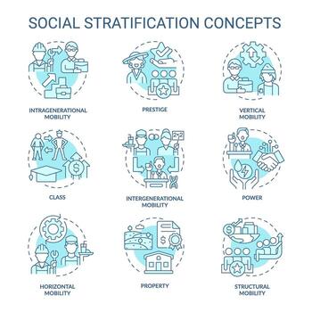 Social stratification and mobility soft blue concept icons. Socioeconomic status. Society structure. Icon pack. Vector images. Round shape illustrations. Abstract idea. Easy to use in article