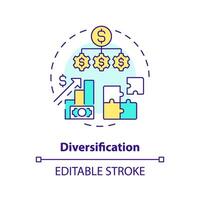 diversificación multi color concepto icono. inversión estrategia. riesgo mitigación técnica. invertir en p2p préstamos redondo forma línea ilustración. resumen idea. gráfico diseño. fácil a utilizar en márketing vector