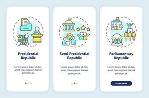 Government structure onboarding mobile app screen. Political system. Walkthrough 3 steps editable graphic instructions with linear concepts. UI, UX, GUI template vector