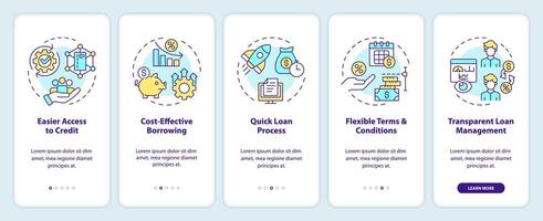 P2P for borrowers onboarding mobile app screen. Lending advantages walkthrough 5 steps editable graphic instructions with linear concepts. UI, UX, GUI template vector