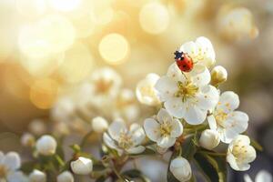 AI generated A single ladybug explores the white blossoms of a spring flower against a sunlit bokeh background. photo