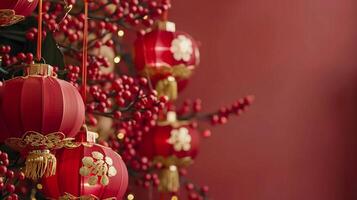 AI generated An Elegant Chinese New Year decorations with red and gold accents on a maroon background. photo