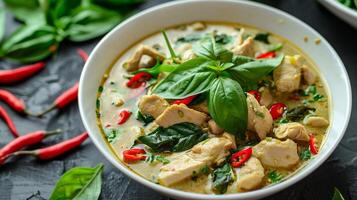 AI generated A Green Thai curry with slices of chicken and red chili photo
