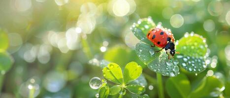 AI generated A Close-up of a ladybug on dew-covered clover leaves photo