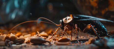 ai generado un de cerca de un cucaracha barrido en sobras en un oscuro y temperamental cocina ajuste. foto