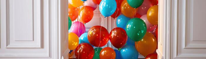 ai generado un abierto puerta revela un habitación muy lleno con vistoso globos foto