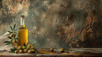 AI generated A bottle of olive oil and fresh olives are set against a rustic backdrop with a Mediterranean feel. photo