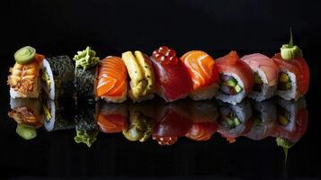 AI generated A sophisticated arrangement of assorted traditional sushi pieces on an elegant black surface photo