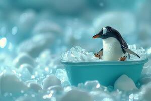 ai generado un caprichoso escena de un pingüino Relajado en un pequeño bañera lleno con hielo foto