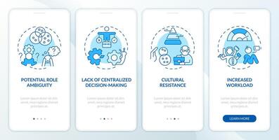 Holacracy challenges blue onboarding mobile app screen. Management walkthrough 4 steps editable graphic instructions with linear concepts. UI, UX, GUI template vector