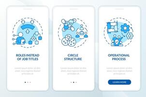 Holacracy elements blue onboarding mobile app screen. Governance walkthrough 3 steps editable graphic instructions with linear concepts. UI, UX, GUI template vector