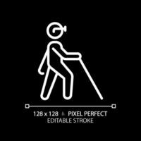 Blind with cane white linear icon for dark theme. Vision loss, walking stick. Disabled person. Blindness diagnose. Thin line illustration. Isolated symbol for night mode. Editable stroke vector