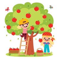 ilustración de niños cosecha manzanas vector