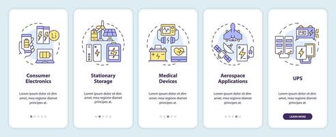 Uses of lithium batteries onboarding mobile app screen. Walkthrough 5 steps editable graphic instructions with linear concepts. UI, UX, GUI template vector