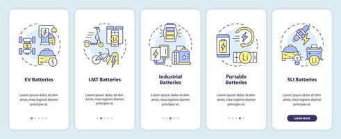 Battery types onboarding mobile app screen. Energy transition. Walkthrough 5 steps editable graphic instructions with linear concepts. UI, UX, GUI template vector