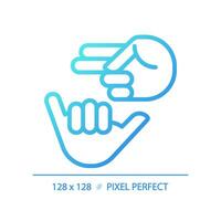 Deaf sign language gradient linear vector icon. Nonverbal communication. Hearing loss service. Deaf asl learning. Thin line color symbol. Modern style pictogram. Vector isolated outline drawing