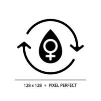 Female menstrual cycle black glyph icon. Feminine reproduction system illness. Period cycle blood. Menstrual flow. Silhouette symbol on white space. Solid pictogram. Vector isolated illustration