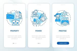 Factors of social stratification blue onboarding mobile app screen. Walkthrough 3 steps editable graphic instructions with linear concepts. UI, UX, GUI template vector