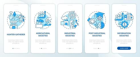 Types of society blue onboarding mobile app screen. Societal development walkthrough 5 steps editable instructions with linear concepts. UI, UX, GUI template vector