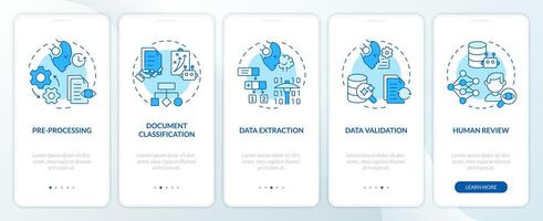 Document processing steps onboarding mobile app screen. Walkthrough 5 steps editable graphic instructions with linear concepts. UI, UX, GUI template vector