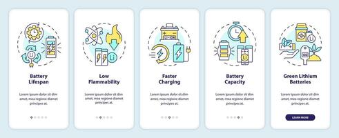Lithium-ion batteries aspects onboarding mobile app screen. Walkthrough 5 steps editable graphic instructions with linear concepts. UI, UX, GUI template vector