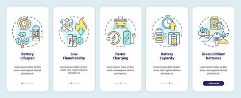 Lithium-ion batteries aspects onboarding mobile app screen. Walkthrough 5 steps editable graphic instructions with linear concepts. UI, UX, GUI template vector