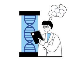 Medical concept with character situation. Doctor researcher making chromosomes test and researching dna molecule, genetic engineering. Vector illustration with people scene in flat design for web