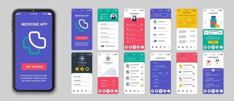 Pharmacy mobile app screens set for web templates. Pack of login, medicine service, online diagnostic, medical prescription and other mockups. UI, UX, GUI user interface kit for layouts. Vector design