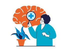 Mental health concept with character situation. Psychiatrist with magnifying glass examines brain, helps to recover from mental disorders. Vector illustration with people scene in flat design for web