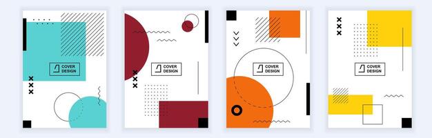 Abstract brochure covers set in modern minimal geometric design. Memphis style background templates with graphic elements in A4 format for report presentation or brand identity. Vector illustration