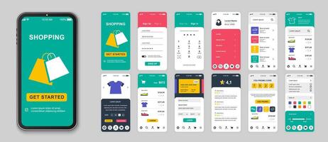 Shopping mobile app screens set for web templates. Pack of login, choose goods, online ordering, payment, promo code and other mockups. UI, UX, GUI user interface kit for layouts. Vector design