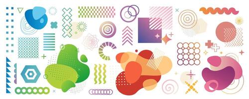 Abstract geometric symbols mega set in flat graphic design. Collection elements of Memphis geometry shapes, bright dynamic circles, blobs, dot grids, liquid wave blobs, others. Vector illustration.