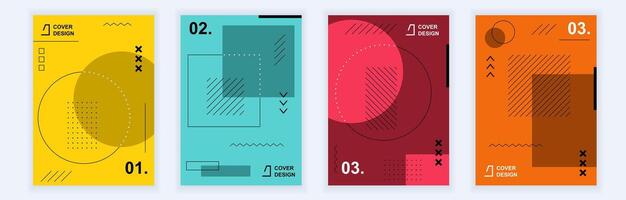 Abstract brochure covers set in modern minimal geometric design. Memphis style background templates with different circle and square shapes, lines and dots in A4 format for poster. Vector illustration