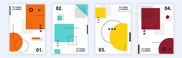 Abstract brochure covers set in modern minimal geometric design. Memphis style background templates with graphic elements and patterns in A4 format for business presentation. Vector illustration