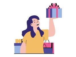 Shopping concept with character situation. Happy woman makes lot of purchases in store and receives gift under special loyalty program. Vector illustration with people scene in flat design for web