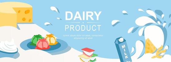 Dairy product horizontal web banner. Farm cheese, sour cream, ice cream balls, yogurt and milk in packaging, liquid splashes. Vector illustration for header website, cover templates in modern design