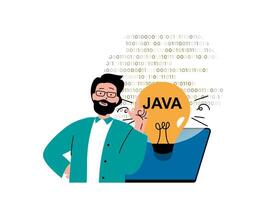 Programming software concept with character situation. Man working with java program language code, generates new idea and fixing bugs. Vector illustration with people scene in flat design for web