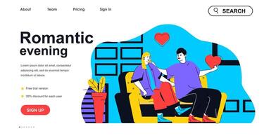 Romantic evening concept for landing page template. Loving man and woman talks sitting on couch. Couple relationship, family people scene. Vector illustration with flat character design for web banner