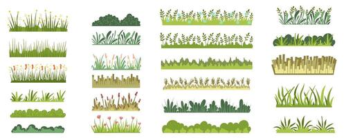 Green grass with flowers mega set in flat graphic design. Collection elements of meadow herbal horizontal layers with variative wildflowers, bushes and leaves for landscape. Vector illustration.