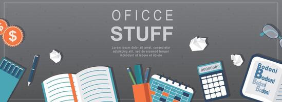 Office stuff horizontal web banner. Notepad, pens, calendar, calculator, and other stationery and supply at workplace desktop. Vector illustration for header website, cover templates in modern design