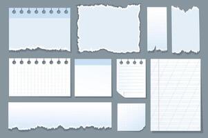 Torn paper set graphic elements in flat design. Bundle of different shapes of ripped pages with checkered, line or dots, white paper scraps with empty spaces. Vector illustration isolated objects