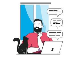 Freelance concept with character situation. Freelancer works at laptop with cat, receives messages from colleagues or customers with brief. Vector illustration with people scene in flat design for web