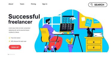 Successful freelancer concept for landing page template. Man developer works on computer on project online, earning profit, people scene. Vector illustration with flat character design for web banner