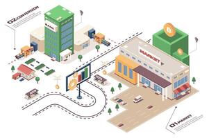 Crypto market concept 3d isometric web infographic workflow process. Infrastructure map with market building, conversion transactions, currency trade. Vector illustration in isometry graphic design